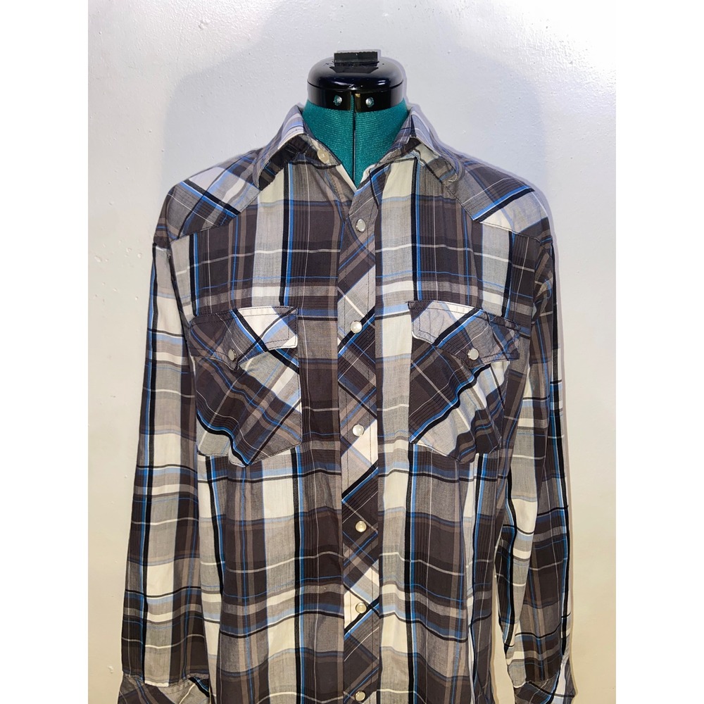 Studio 10 Mens Western Plaid Pearl Snap Long Sleeve Shirt Brown Blue White M